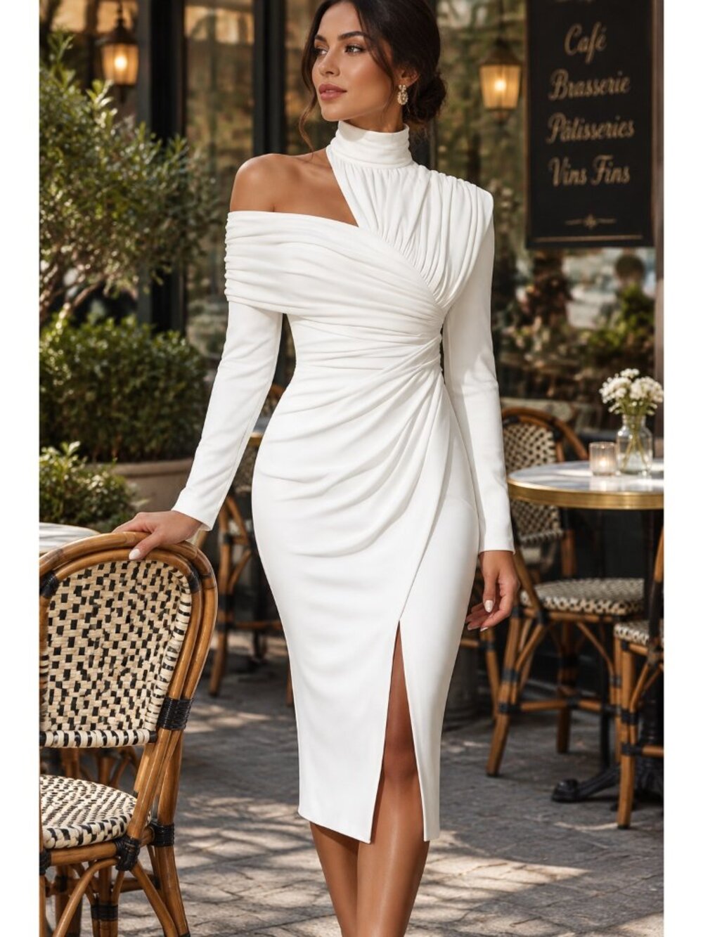 Asymmetrical One Shoulder Mock Neck Ruched Bodycon Midi Dress High Front Slit